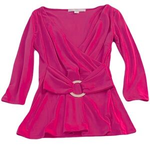NWOT Boston Proper Pink Surplice Top with 3/4 Sleeves and Gold Buckle